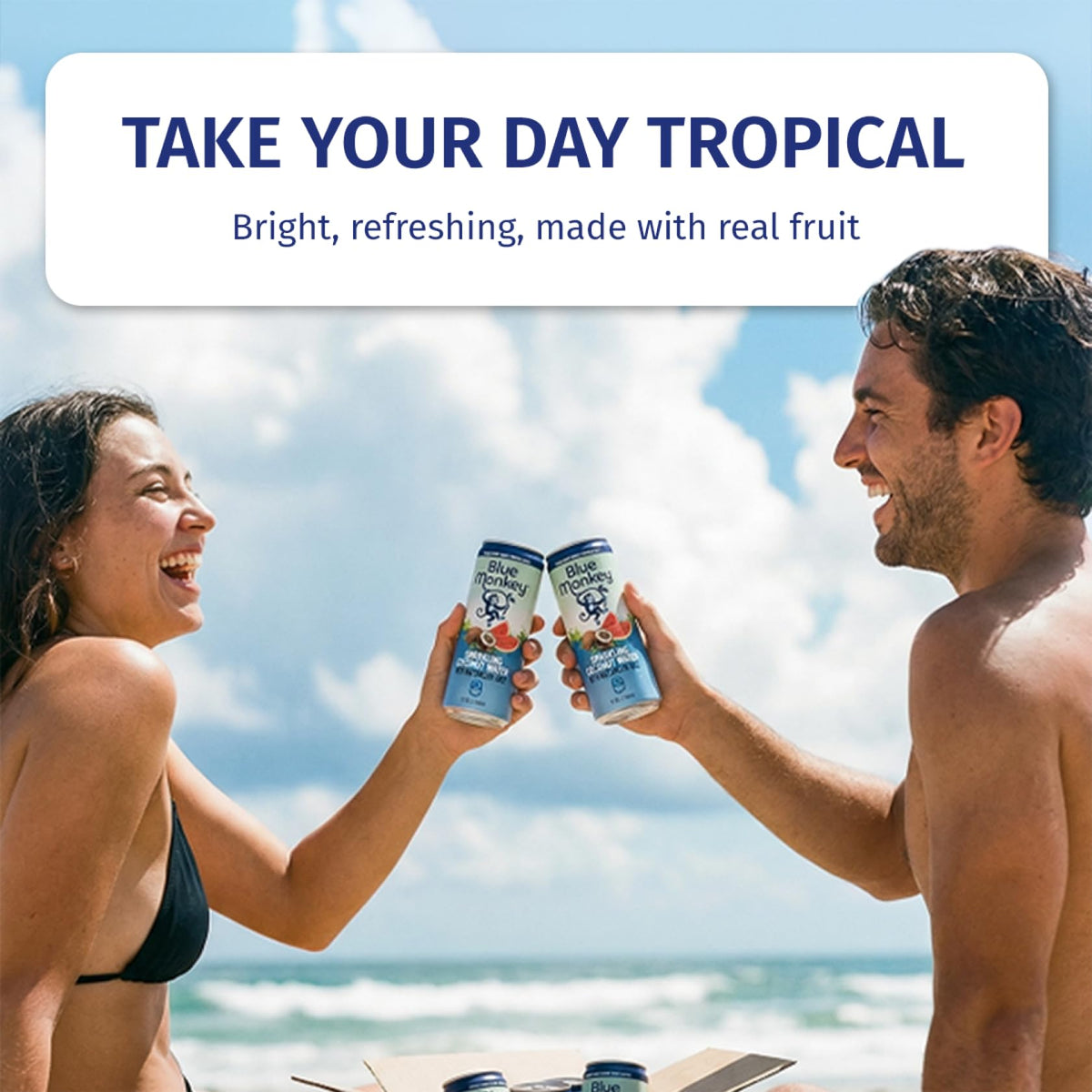Blue Monkey Sparkling Lychee Juice on pantry shelf in a 12-pack for travel-friendly refreshment