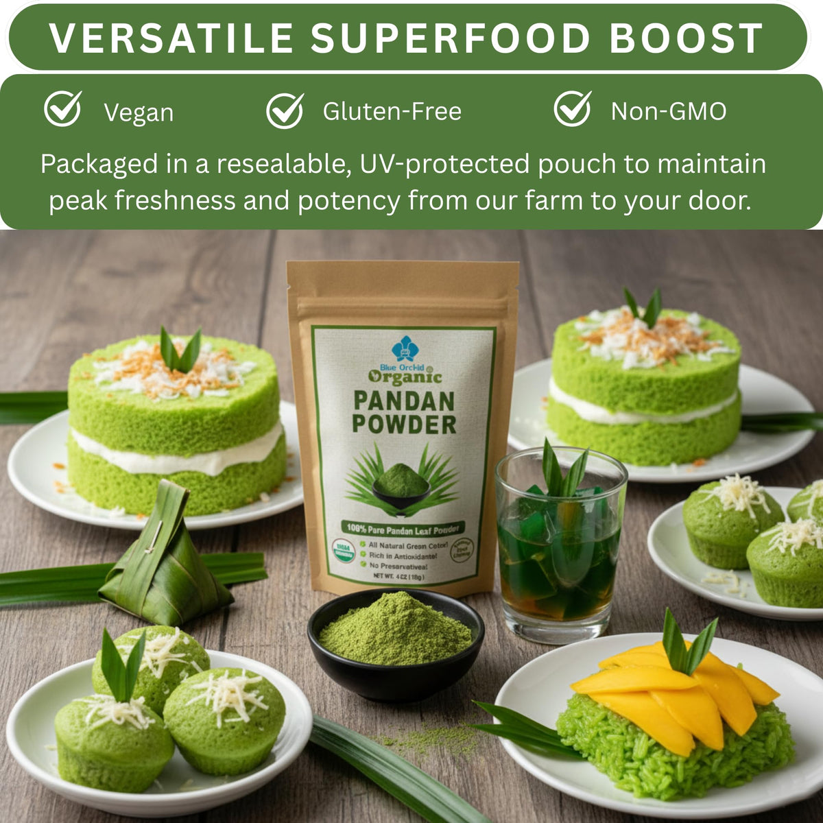 Blue Orchid Organic Pandan Powder powder-dusted desserts showcase exotic appeal