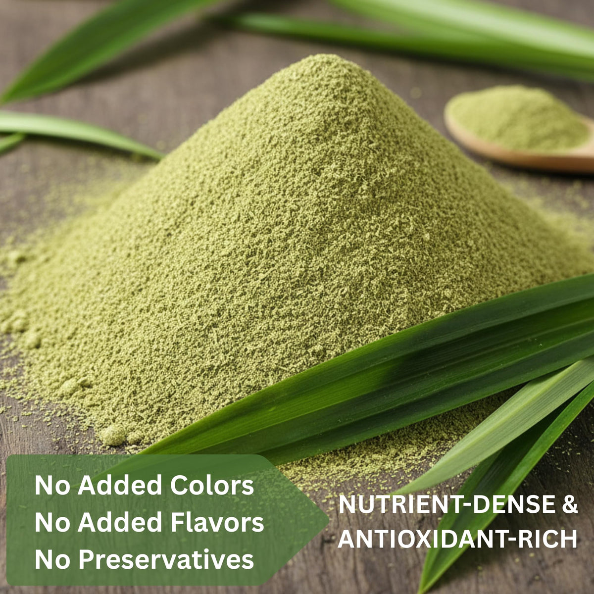 Blue Orchid Organic Pandan Powder dried leaves close-up emphasizes natural, fiber-rich ingredients for authentic recipes