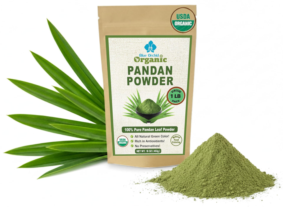 Blue Orchid Organic Pandan Powder packaging shows premium organic quality for desserts