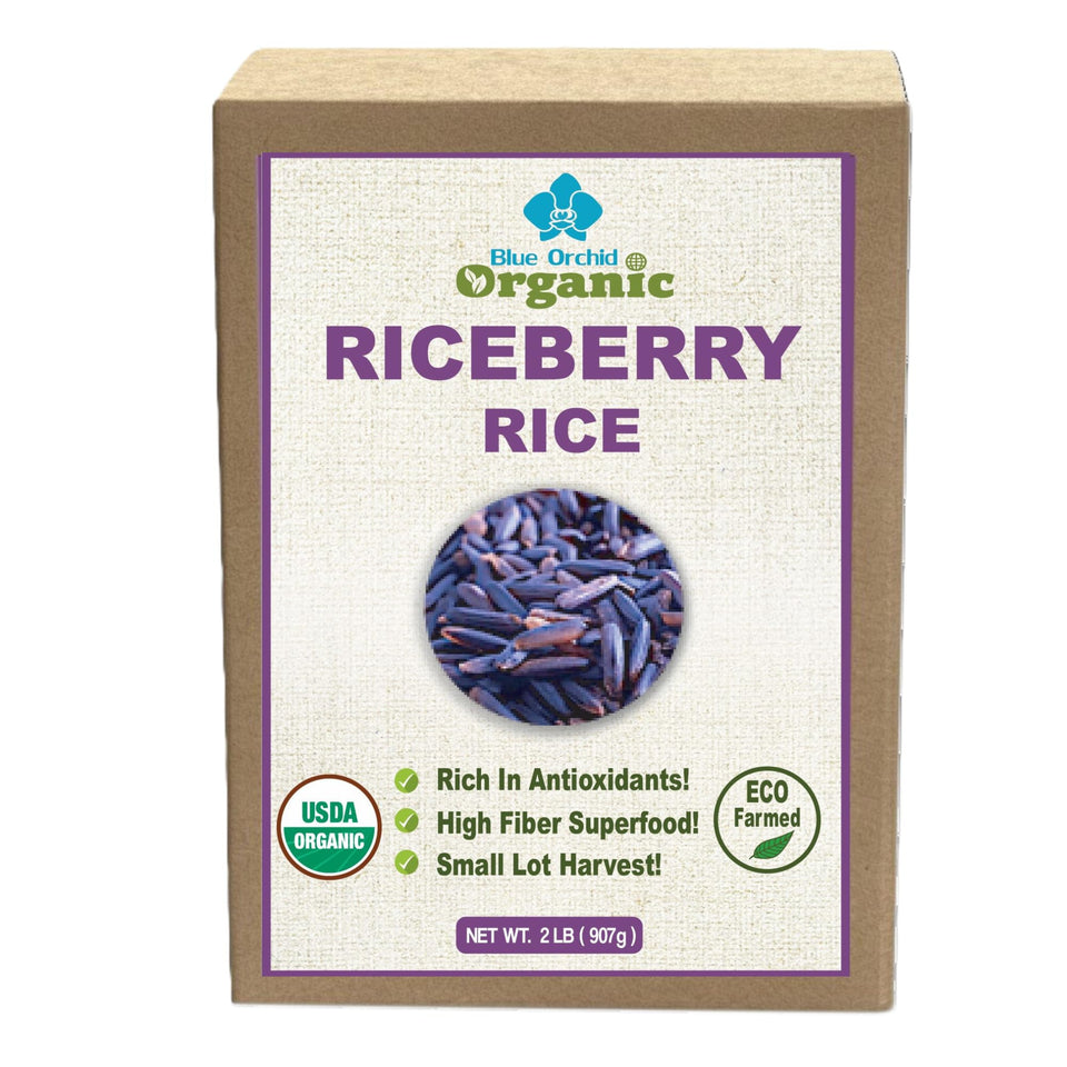 Blue Orchid Organic Riceberry Rice packaging shows premium quality and freshness preservation.