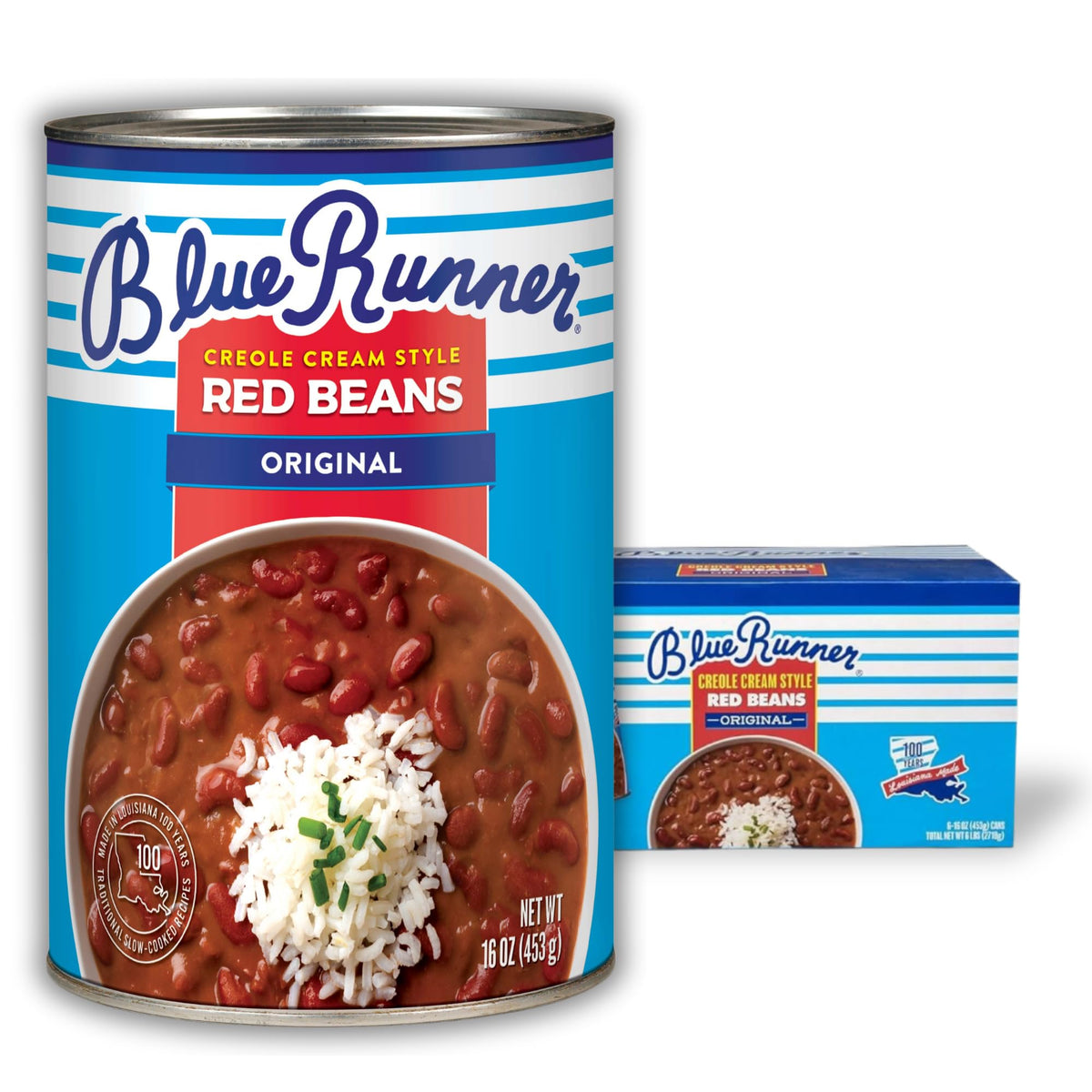 Blue Runner Creole Cream Style Red Beans can on shelf, convenient pantry staple.