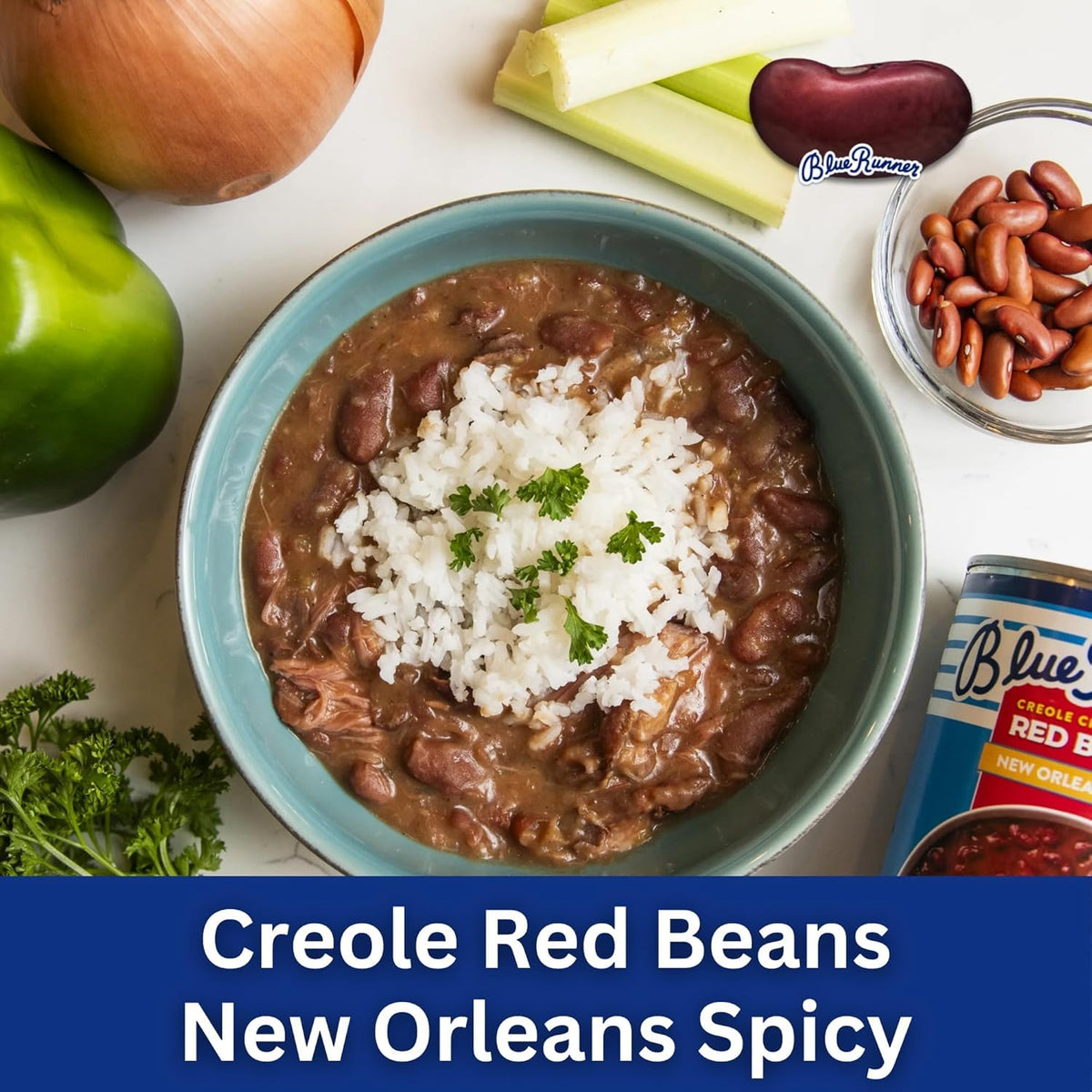 Blue Runner Spicy Creole Red Beans label highlights authentic Louisiana flavors