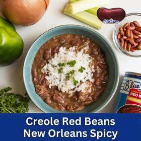 Blue Runner Spicy Creole Red Beans label highlights authentic Louisiana flavors
