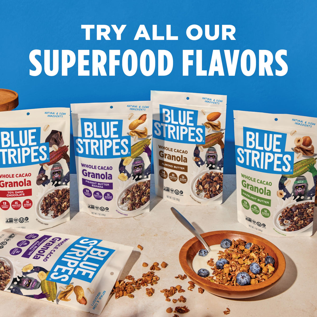 Blue Stripes 70-percent dark chocolate granola close-up crunch