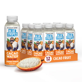 Blue Stripes Cacao Water 12-pack bottles on a shelf, natural hydration choice.