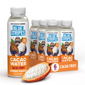 Blue Stripes Cacao Water bottle shows natural electrolytes and no added sugar for refreshing hydration