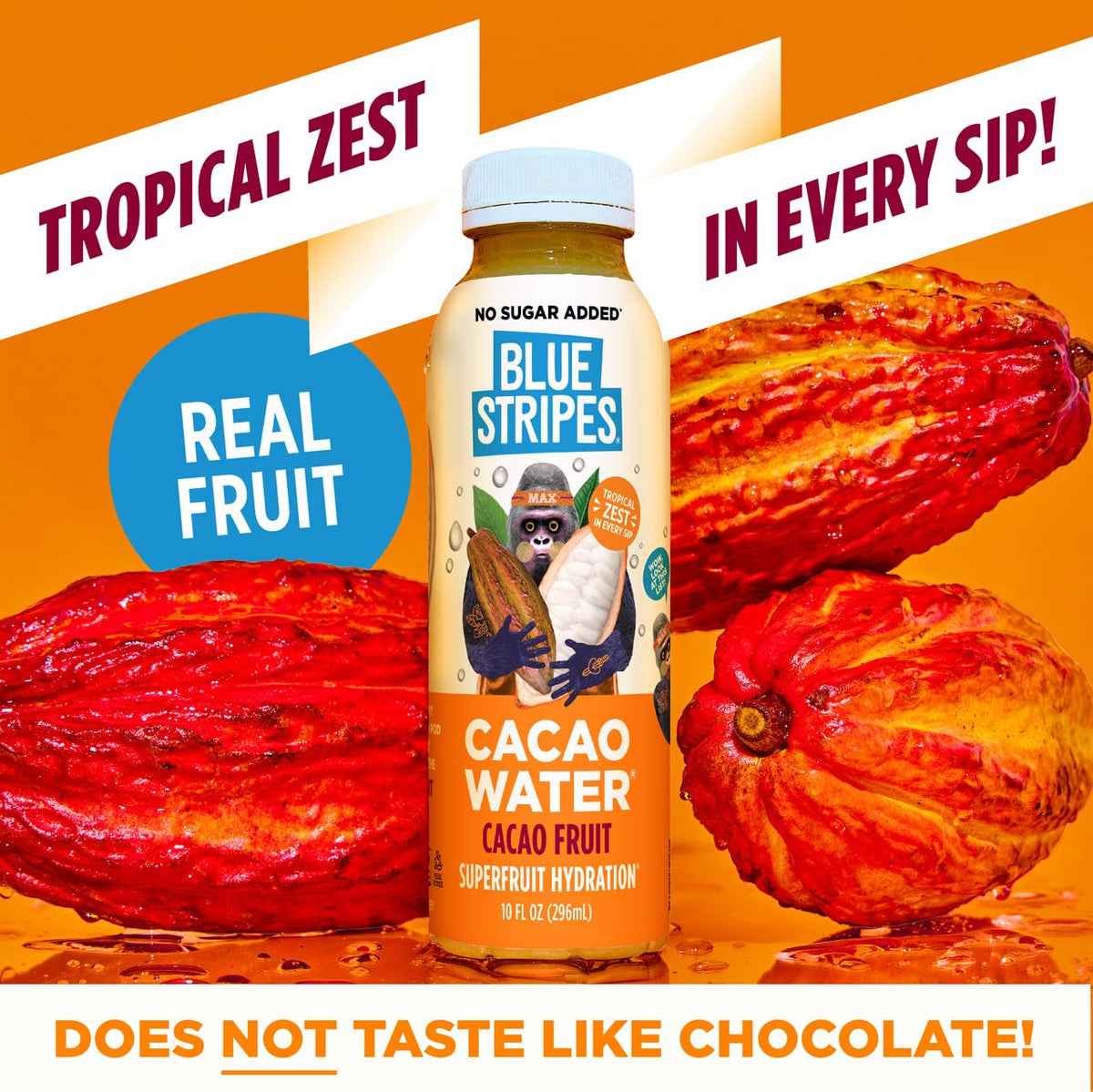 Blue Stripes Cacao Water in a chilled glass, crisp and tangy flavor.