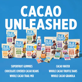 Blue Stripes Cacao Water energy-boost vibe with citrus nearby.