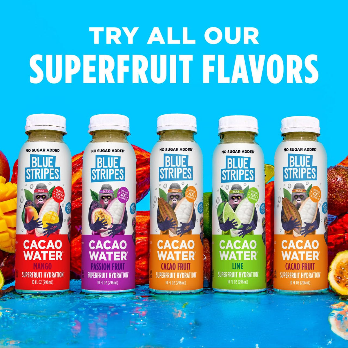 Blue Stripes Cacao Water kid-friendly bottle, easy to sip during activity.
