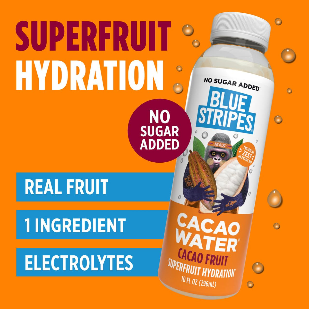 Blue Stripes Cacao Water with fruits on a counter, refreshing everyday sip.