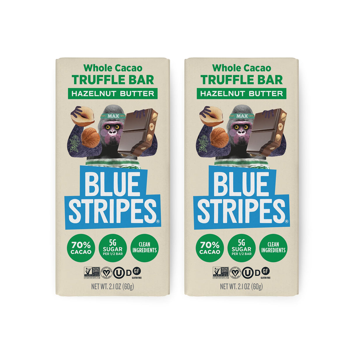 Blue Stripes hazelnut butter whole cacao bars pack front for quick snacking.