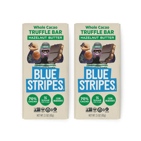 Blue Stripes hazelnut butter whole cacao bars pack front for quick snacking.