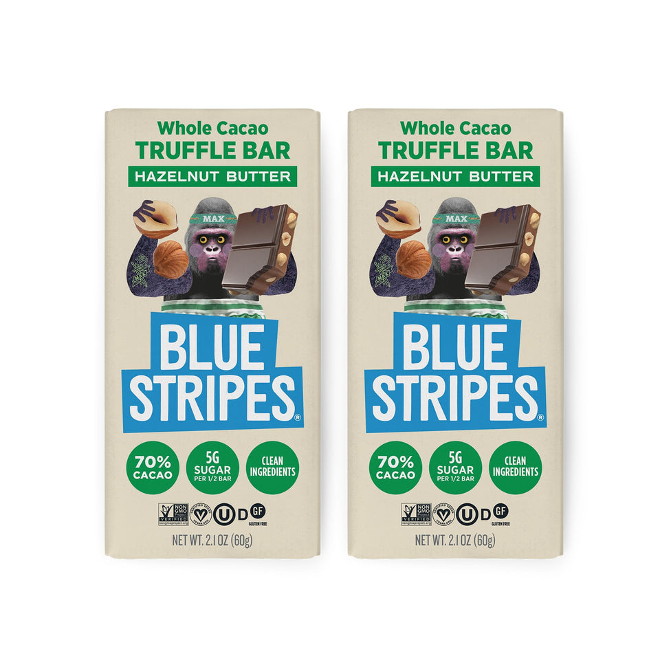 Blue Stripes hazelnut butter whole cacao bars pack front for quick snacking.