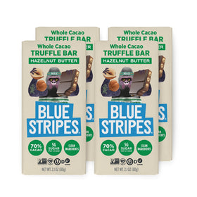 Blue Stripes hazelnut butter whole cacao truffle bars pack highlights a convenient vegan snack.