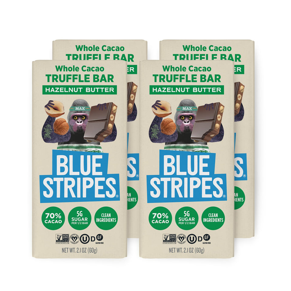 Blue Stripes hazelnut butter whole cacao truffle bars pack highlights a convenient vegan snack.