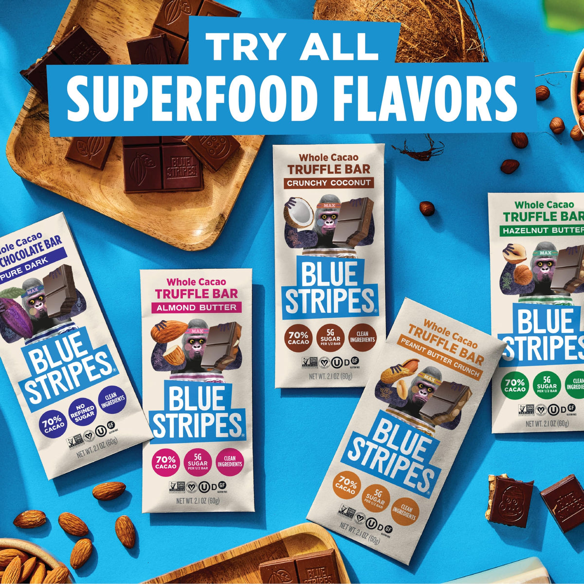 Blue Stripes ingredients list highlights hazelnut butter and cacao harmony for vegans.