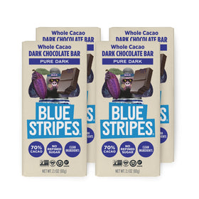 Blue Stripes Pure Dark Whole Cacao bar with 70% cacao, rich and mindful indulgence.