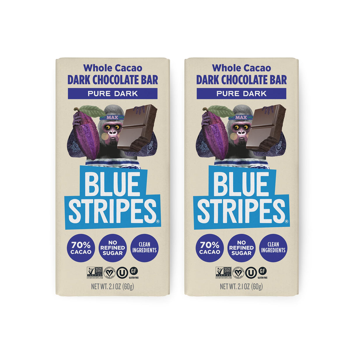 Blue Stripes Pure Dark Whole Cacao Bar front view emphasizes 70% cacao quality and clean ingredients.