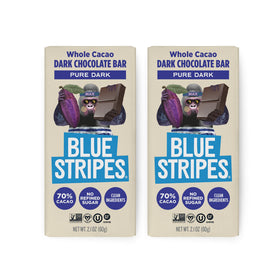 Blue Stripes Pure Dark Whole Cacao Bar front view emphasizes 70% cacao quality and clean ingredients.