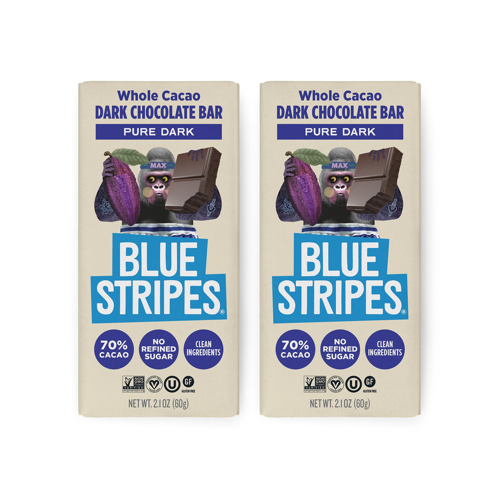 Blue Stripes Pure Dark Whole Cacao Bar front view emphasizes 70% cacao quality and clean ingredients.