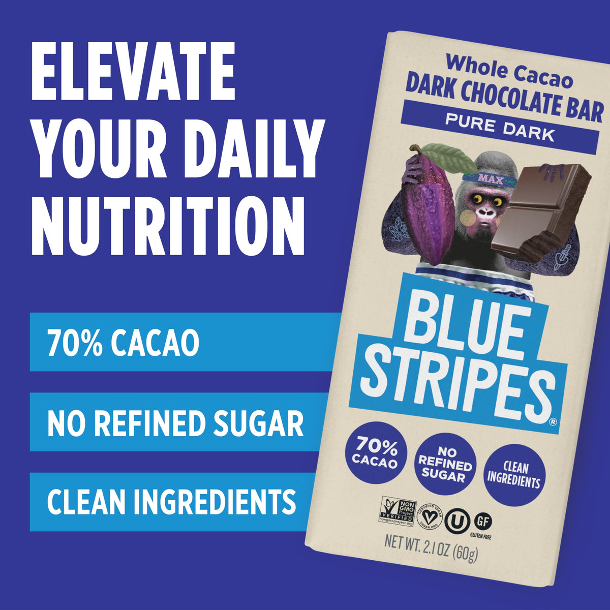 Blue Stripes Pure Dark Whole Cacao Bar two-pack display showcases convenient double servings.