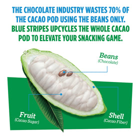 Blue Stripes upcycled cacao pod packaging shows eco friendly design.