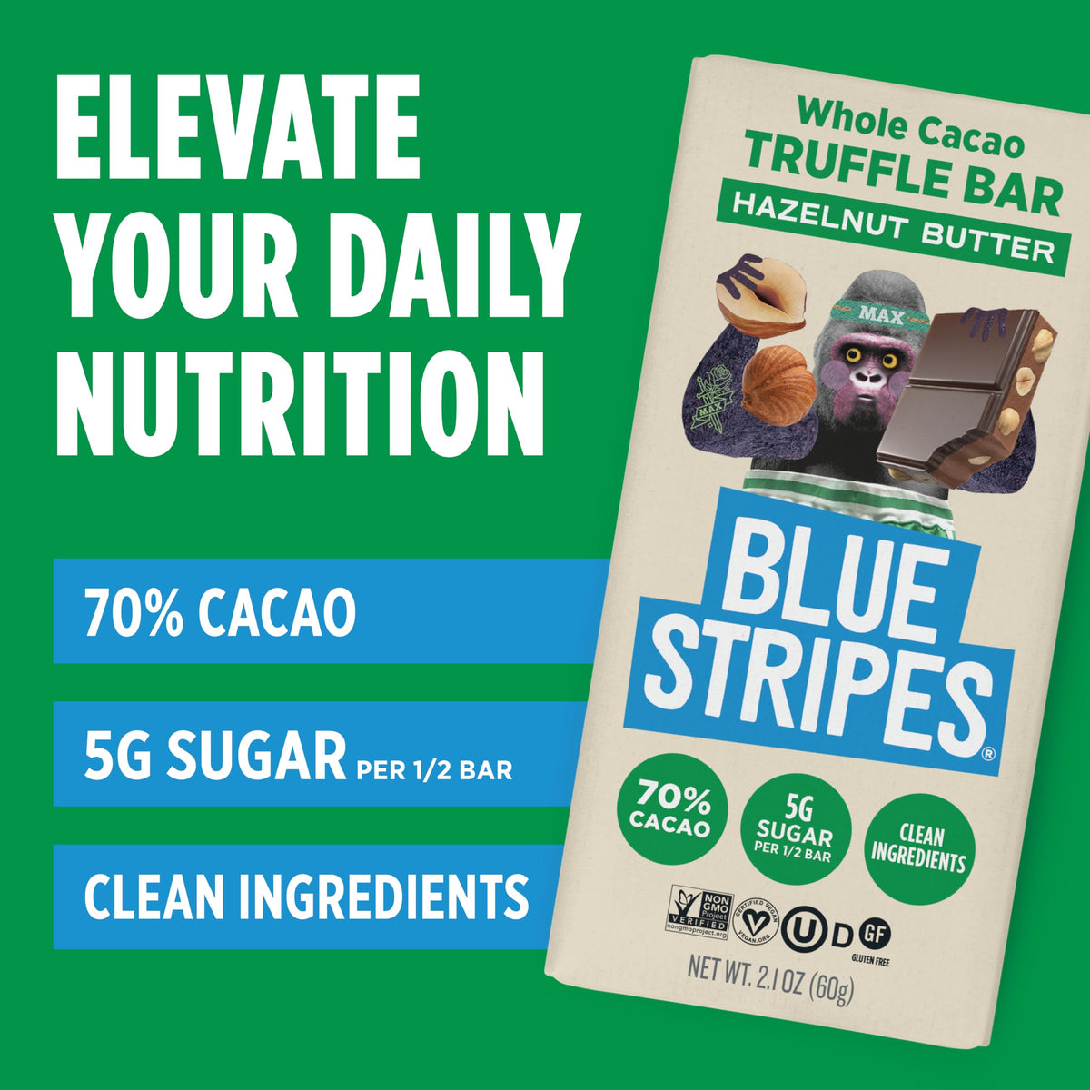 Blue Stripes upcycled cacao pod emphasizes sustainability and reduced waste.