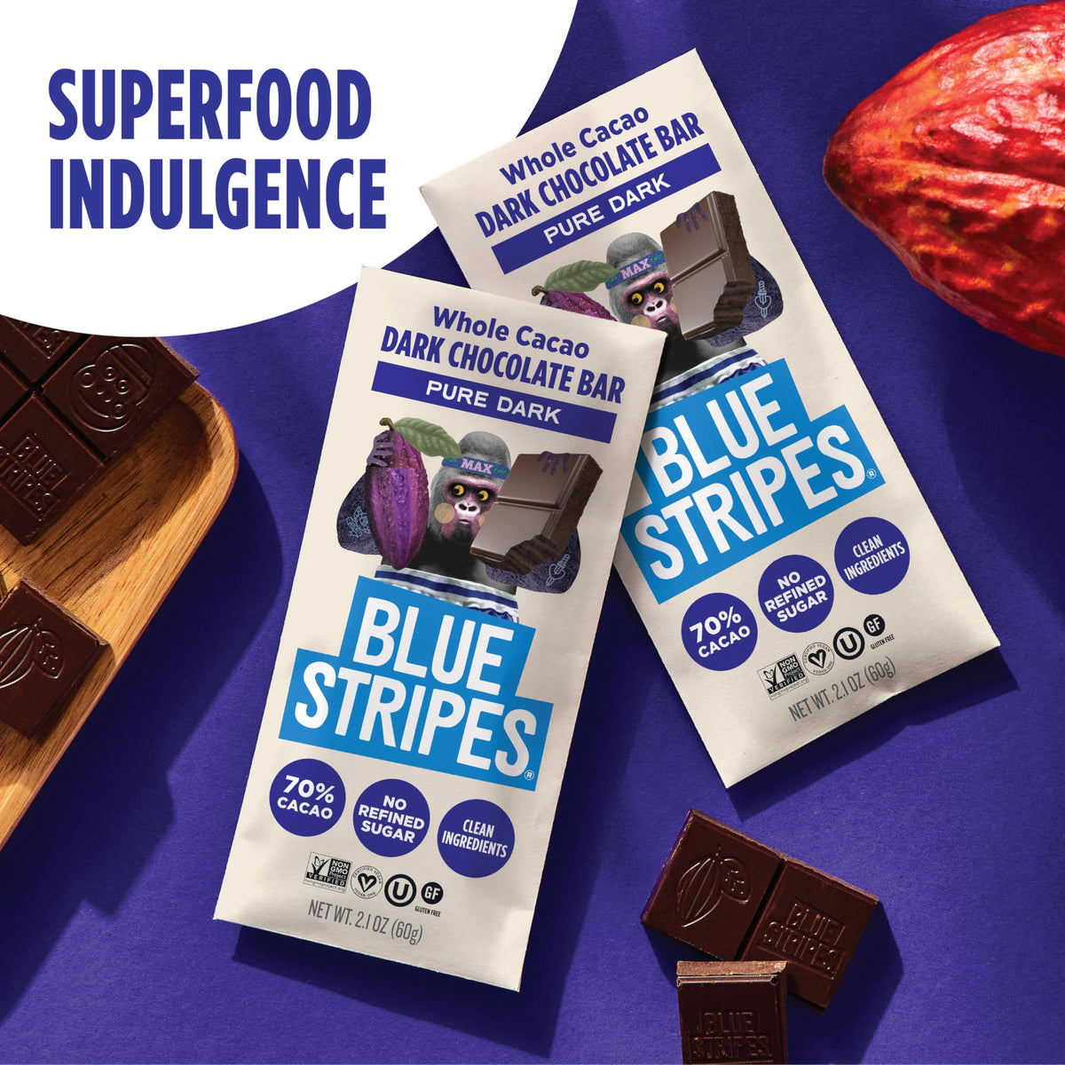 Blue Stripes vegan non-GMO chocolate bar with ethical sourcing and transparent ingredients.