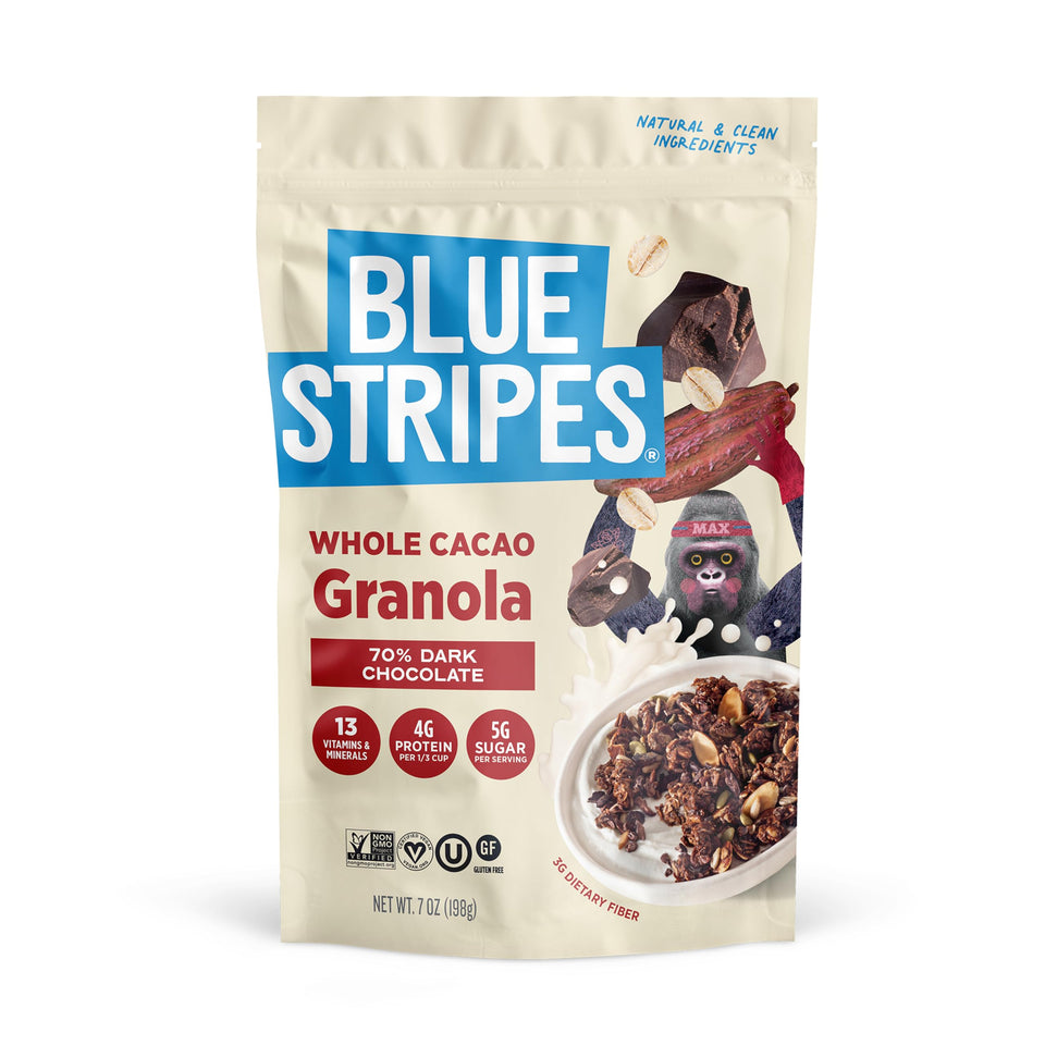 Blue Stripes Whole Cacao Granola bag front shows gluten-free snack option