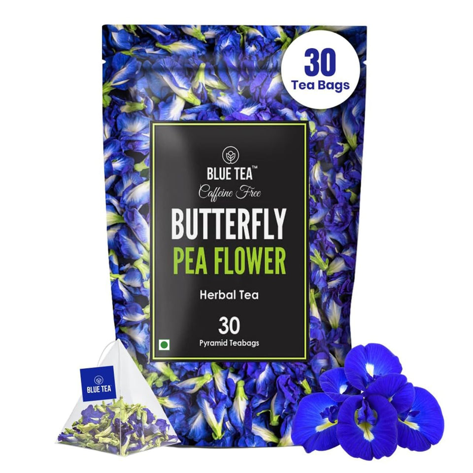 BLUE TEA butterfly pea flower tea pyramid bag steeping for antioxidant infusion