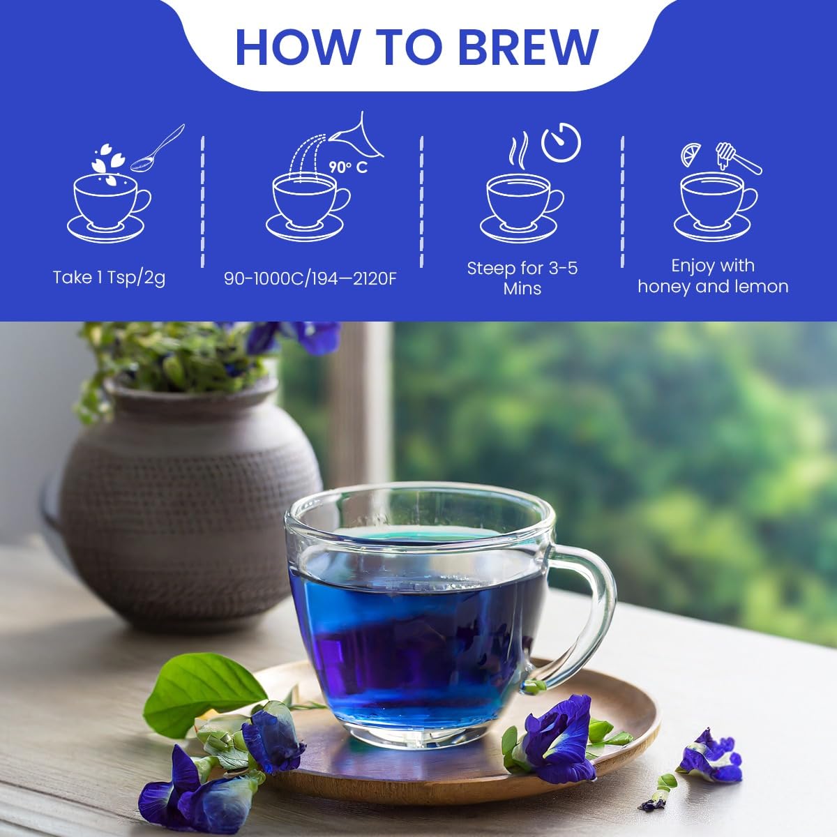 BLUE TEA Butterfly Pea Tea easy brew for hot or iced beverages
