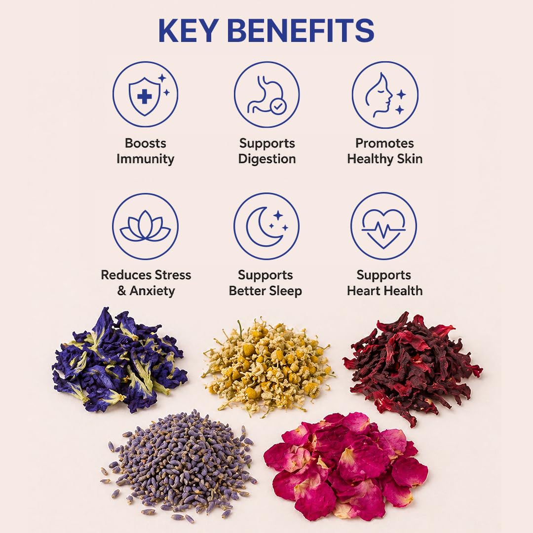 BLUE TEA chamomile lavender blend with soothing aroma for unwinding.