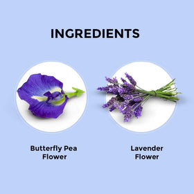 BLUE TEA dried butterfly pea flowers and lavender close-up for natural infusion