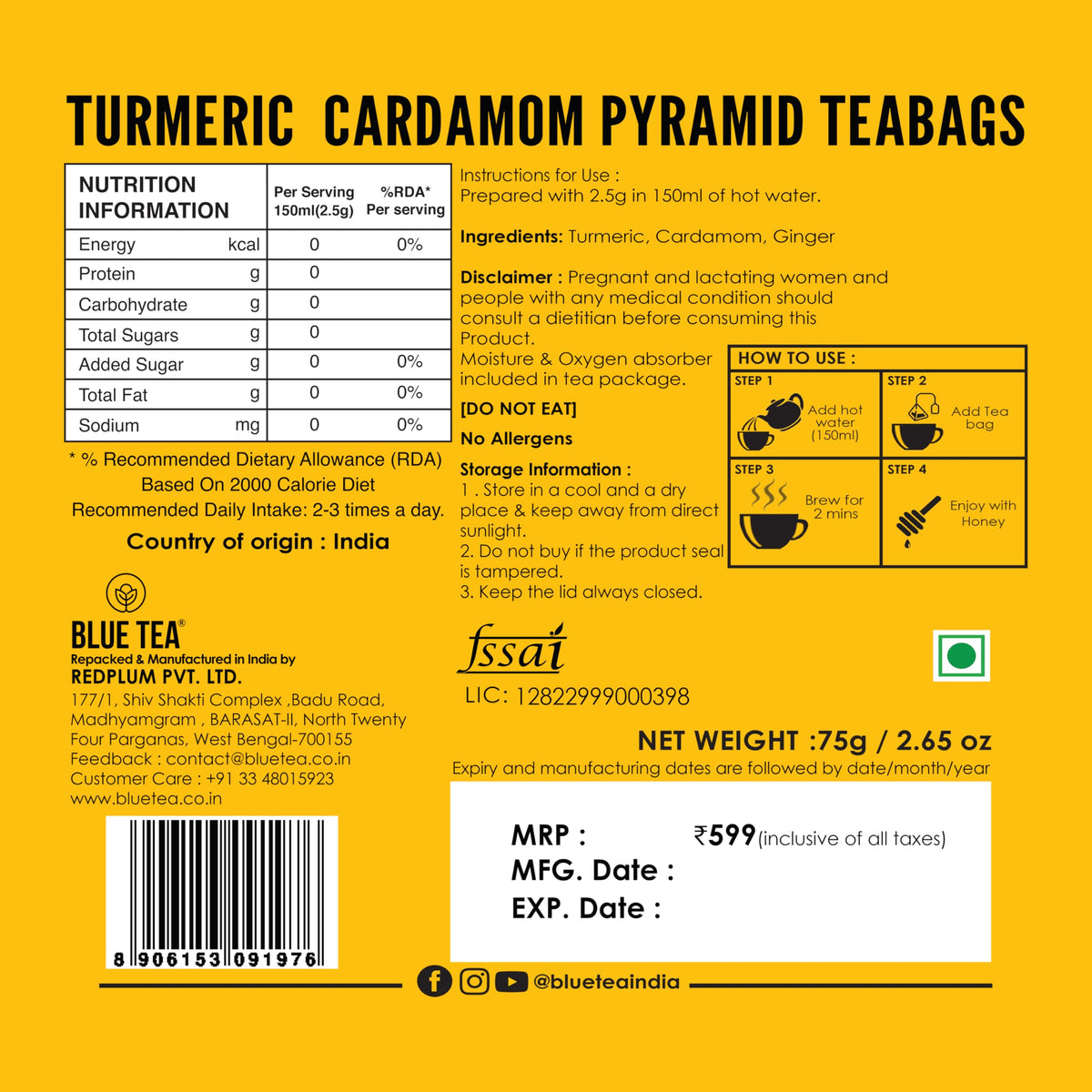 Blue Tea golden hue highlights turmeric and cardamom flavors