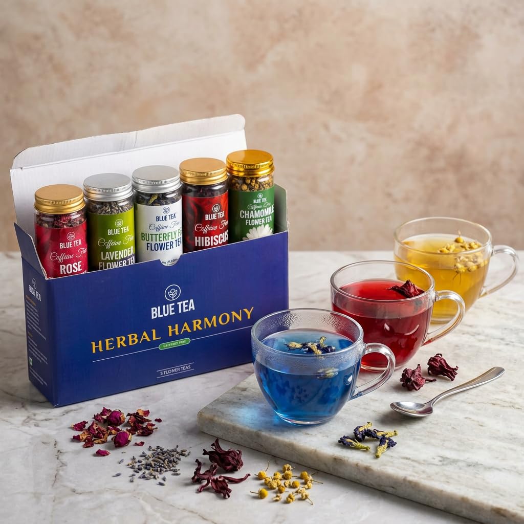 BLUE TEA hibiscus and chamomile blend ready for a gentle cup.