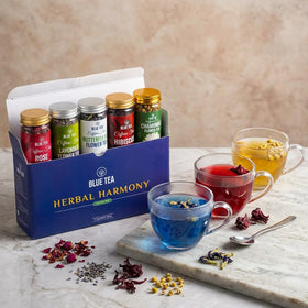 BLUE TEA hibiscus and chamomile blend ready for a gentle cup.