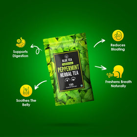 Blue Tea Peppermint Tea leaves close-up, showcasing natural, hand-picked quality.