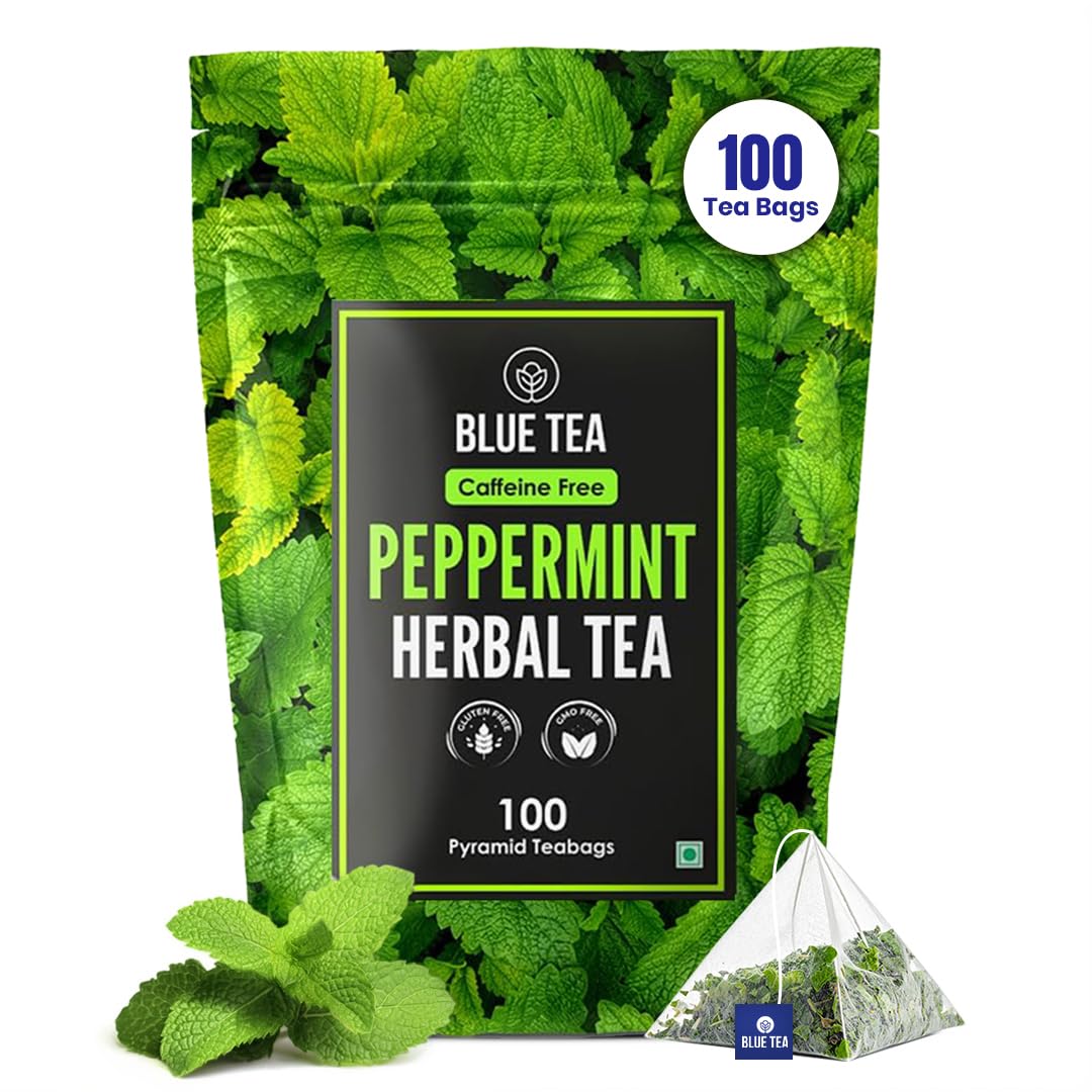 Blue Tea Peppermint Tea packaging with fresh leaves for a caffeine-free refreshment.