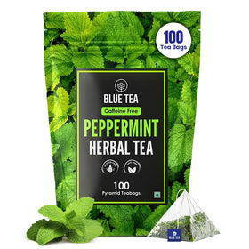 Blue Tea Peppermint Tea packaging with fresh leaves for a caffeine-free refreshment.