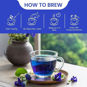 BLUE TEA pour into cup shows vivid hue inviting soothing, caffeine-free sipping