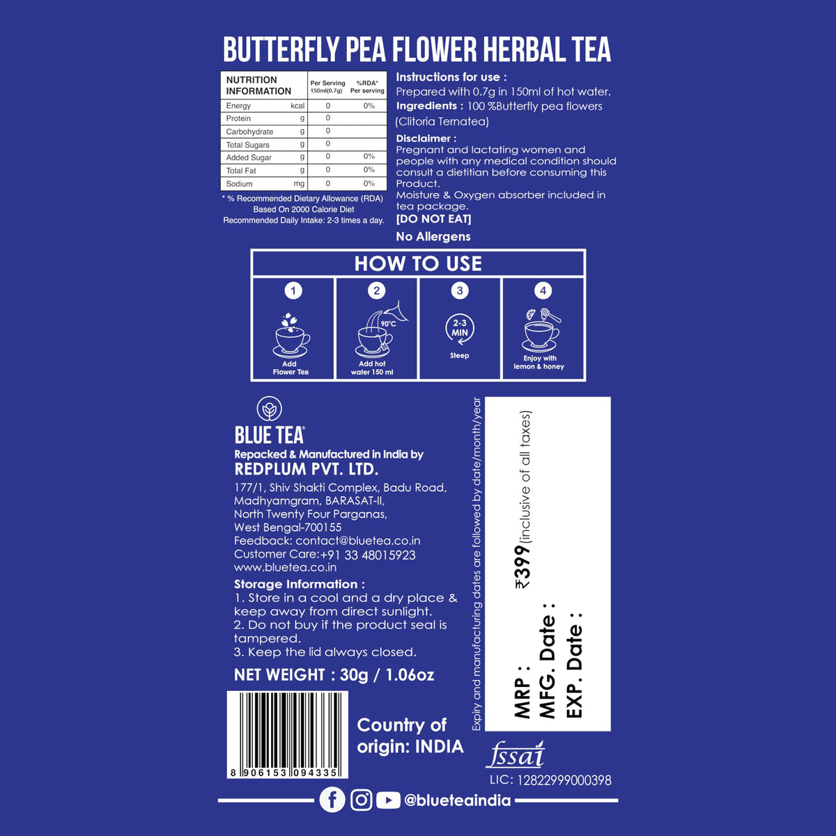 BLUE TEA simple brew guide with steep time and temperature