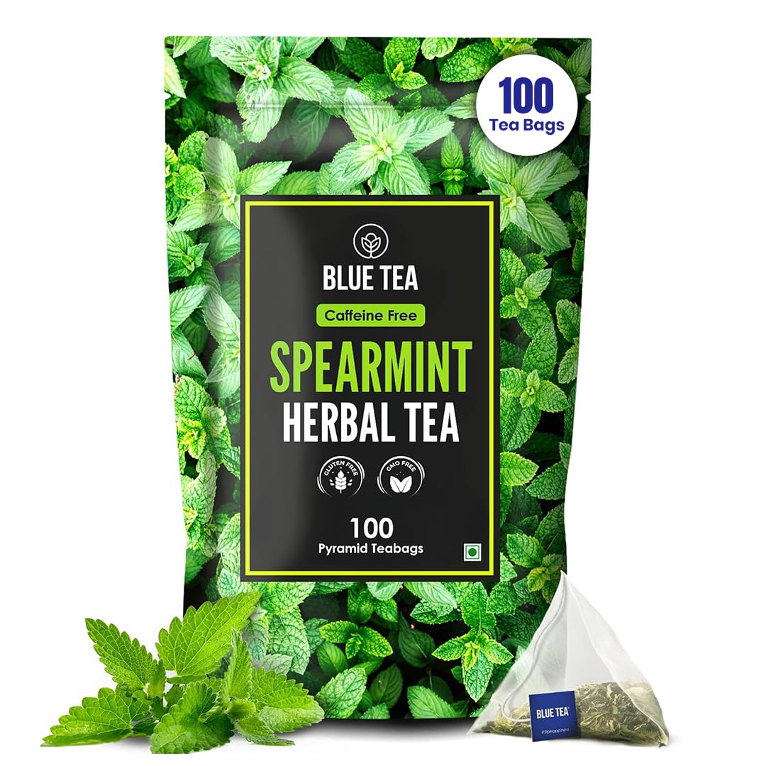 Blue Tea Spearmint tea bag front view—refreshing aroma, caffeine-free herbal blend.