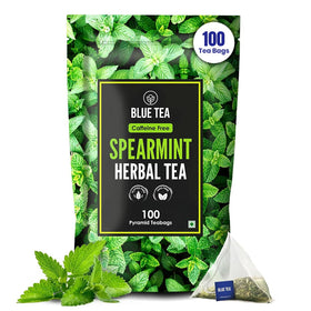 Blue Tea Spearmint tea bag front view—refreshing aroma, caffeine-free herbal blend.