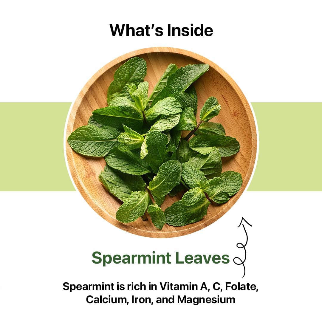 Blue Tea Spearmint tea bag in cup—soothing, digestive-friendly flavor.