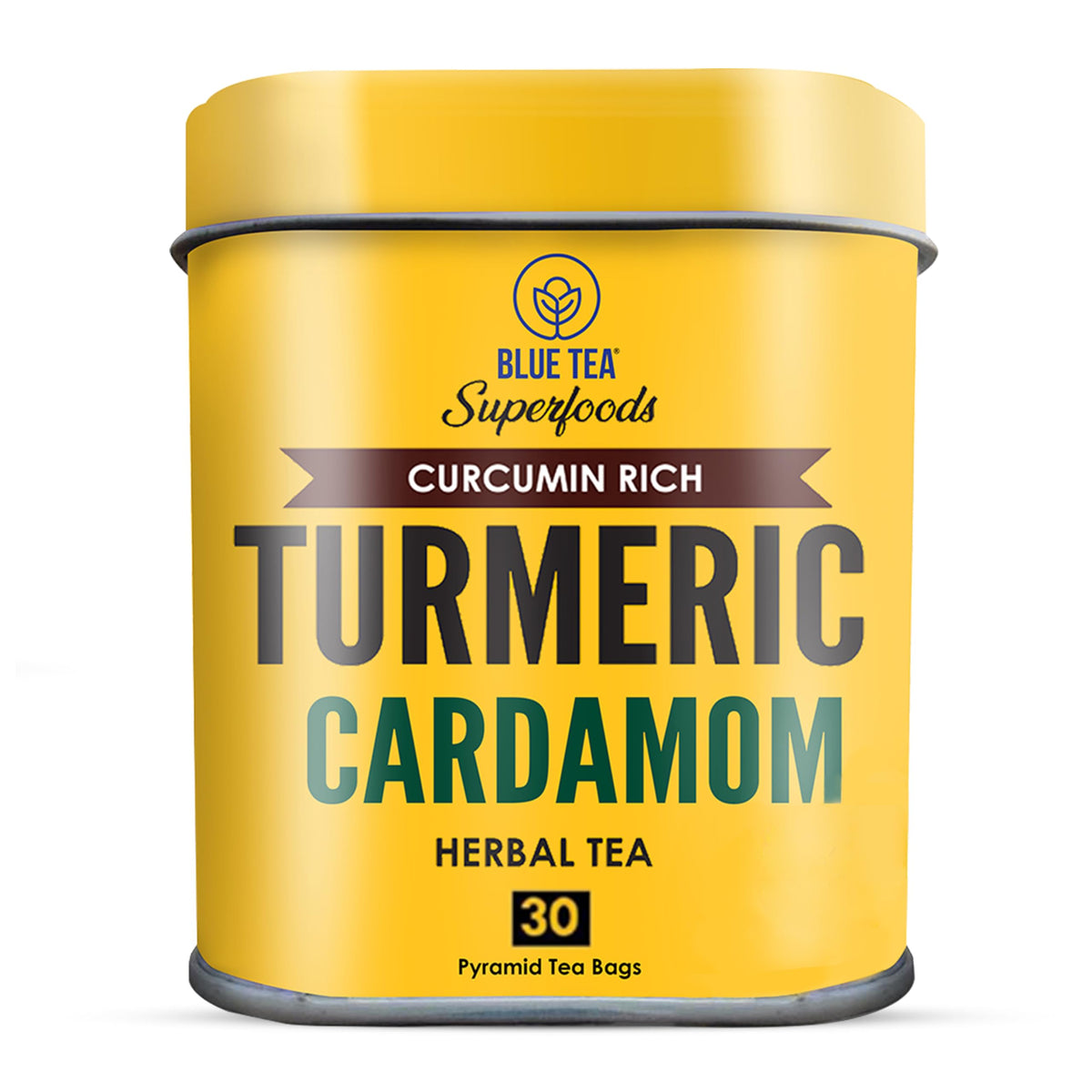 Blue Tea turmeric cardamom tea bag steeping for a warming, caffeine-free moment