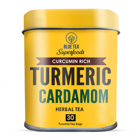 Blue Tea turmeric cardamom tea bag steeping for a warming, caffeine-free moment