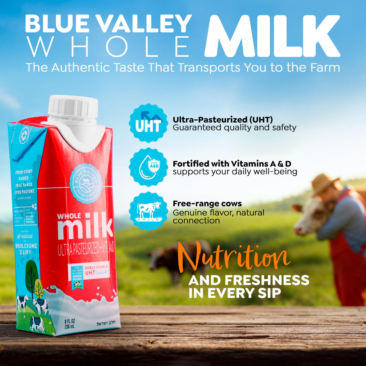 Blue Valley vitamin-rich milk box with omega-3 and CLA benefits