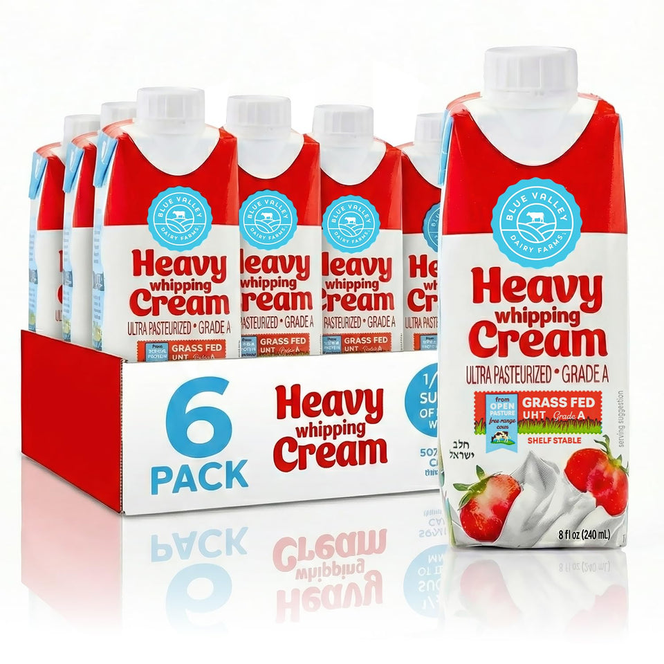 Blue Valley Heavy Whipping Cream 8oz carton, pantry-ready for desserts.