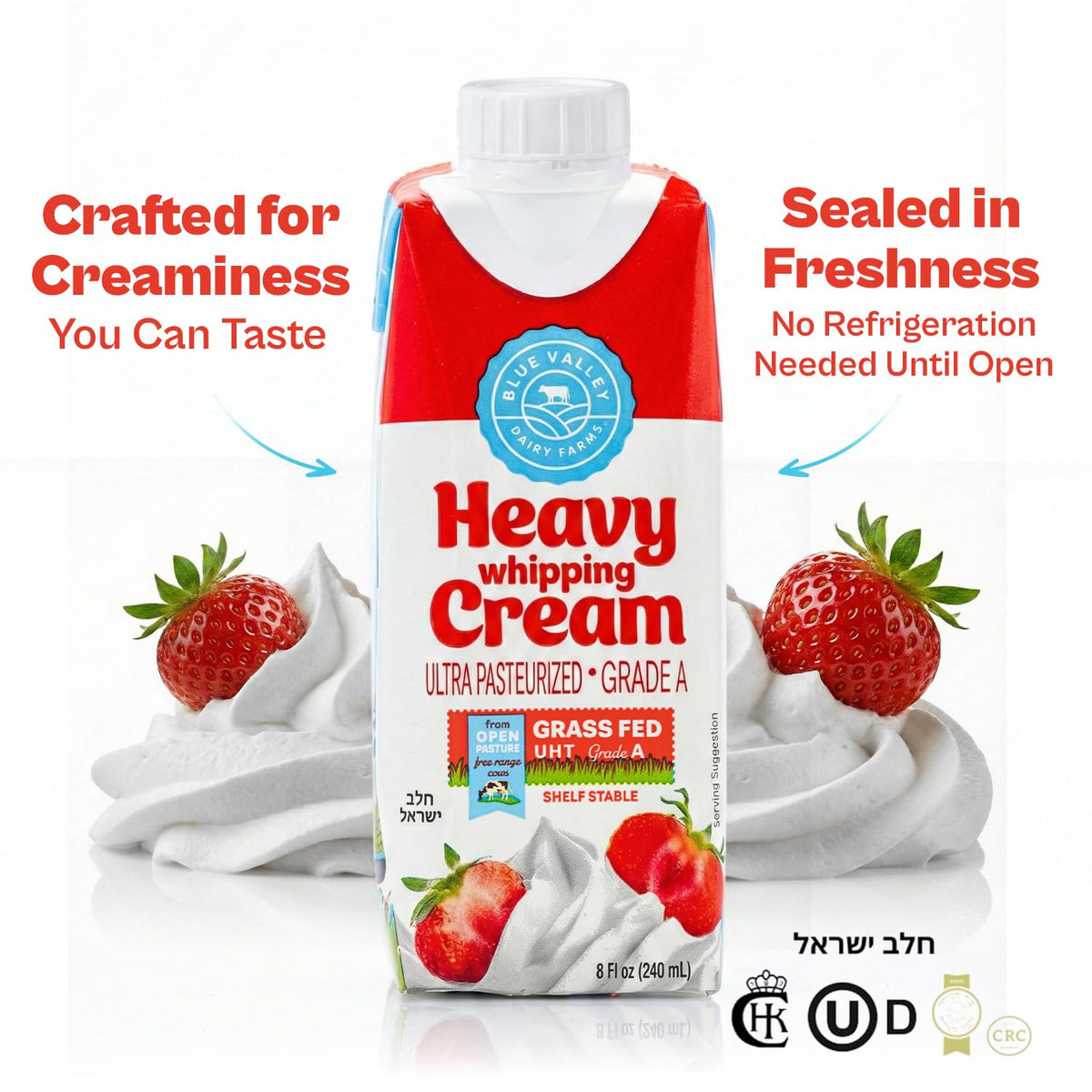 Blue Valley Kosher-certified cream jar showcases reliable dairy quality.